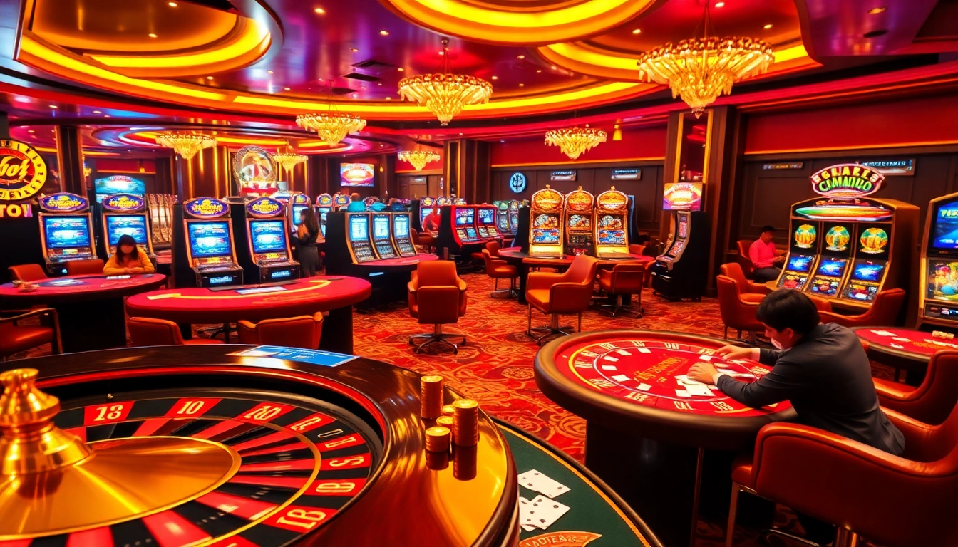 Experience the thrill at trang chủ okfun with vibrant casino tables and spinning roulette wheels in a lively atmosphere.