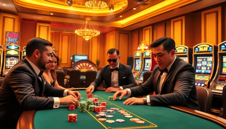 Experience the thrill of hi88 with players enjoying poker and roulette in a luxurious casino setting.