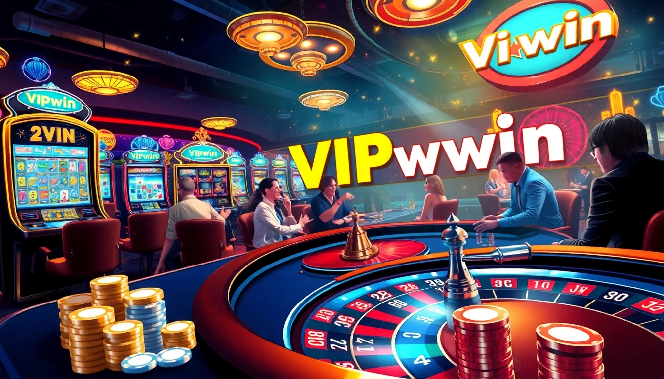 Players celebrating a big win at VIPwin casino, with vibrant slot machines and poker tables in action.