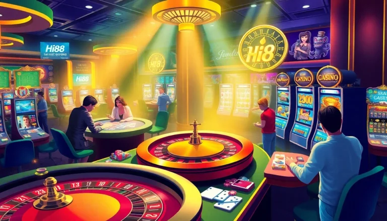 Hi88 online casino scene featuring players engaging in vibrant games of cards, slots, and roulette.